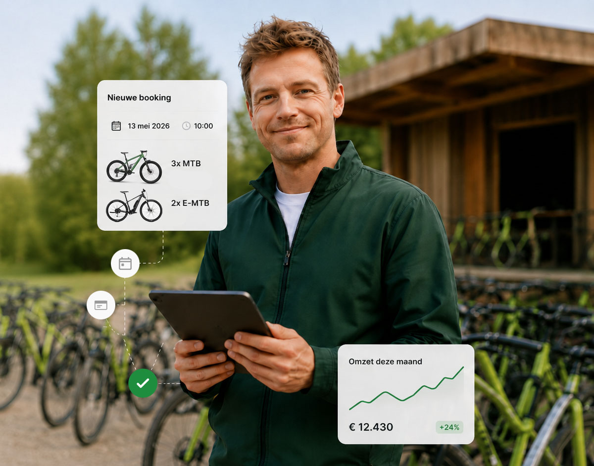 Fietsverhuurder beheert zijn boekingen op een tablet bij zijn verhuur
